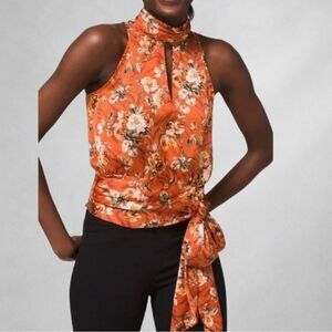 White House Black Market Womens 14 Blouse Orange Floral Sleeveless Silky